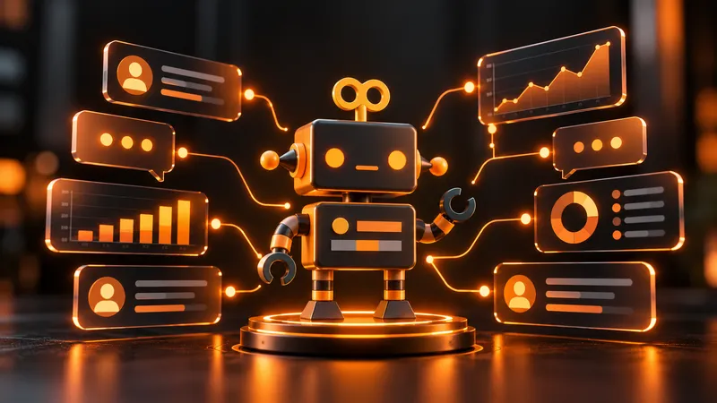 A small robot connected to chat bubbles, customer cards and charts