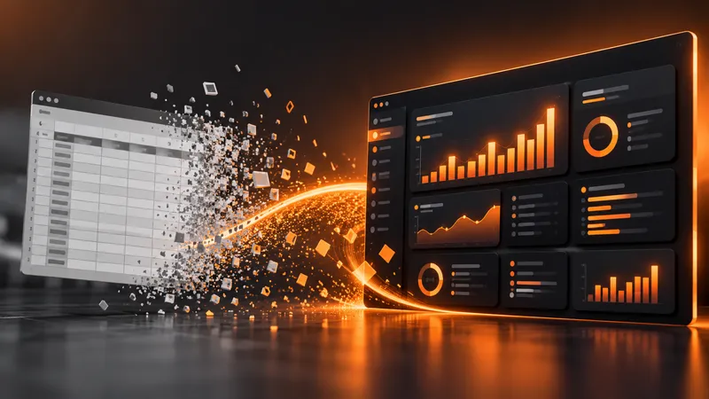 A grey spreadsheet breaking apart and reforming as an orange dashboard