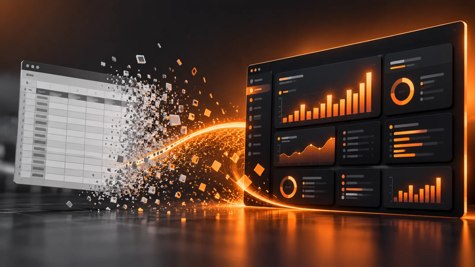 A grey spreadsheet breaking apart and reforming as an orange dashboard
