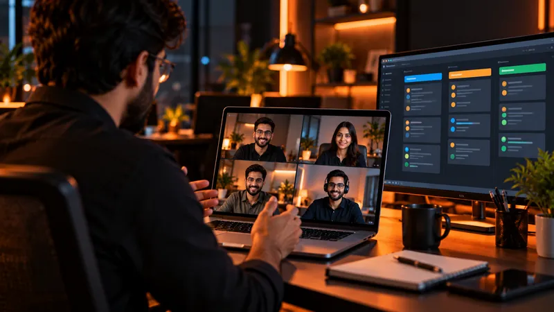 A video call with four remote developers beside a project board on a second screen