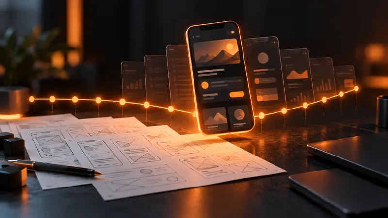 A phone app rising from paper wireframes along a twelve-point timeline