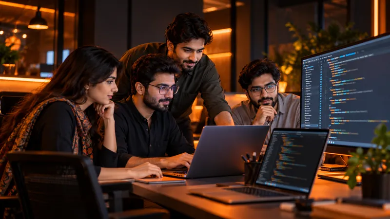 Four software engineers working together around a laptop in an office